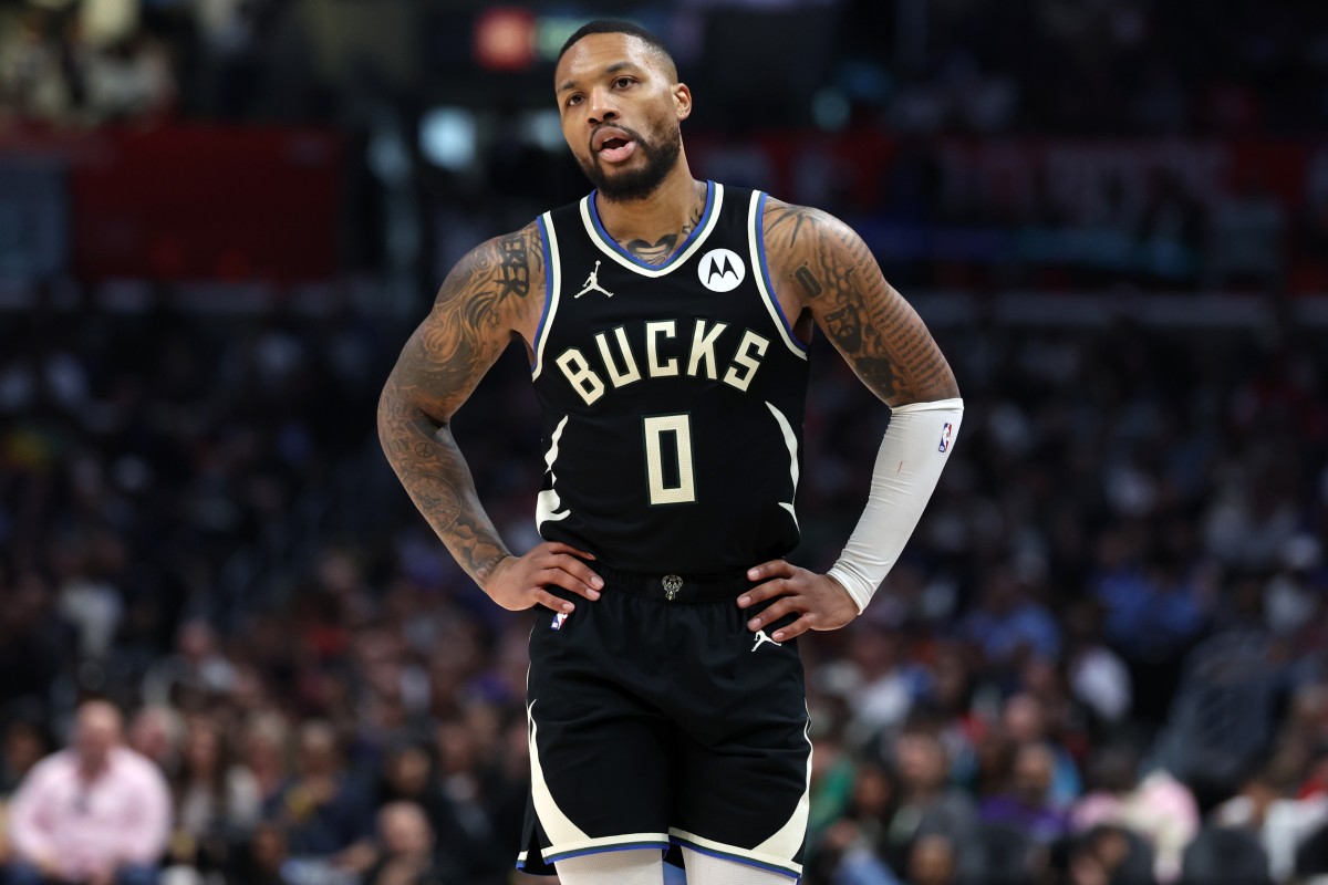 Milwaukee Bucks guard Damian Lillard (0) reacts to a call during the third quarter against the Los Angeles Clippers 